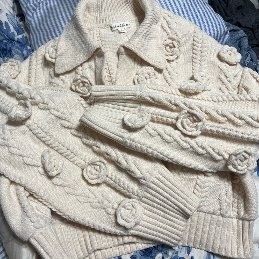 For Love And Lemons Cream with roses pullover sweater